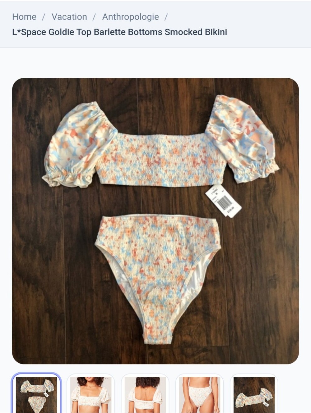 l*space Cream and Light Blue Smocked Puff-Sleeve Swim Crop Top